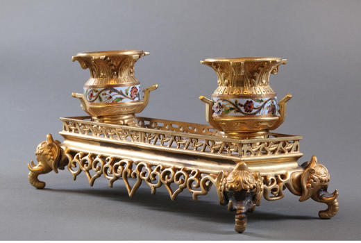 独角鹿西洋古董法国繁花蝶舞錾胎珐琅大象造型铜鎏金精雕墨水台 商品图1