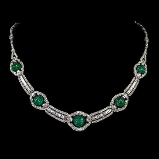 独角鹿西洋古董装饰艺术风格铂金镶祖母绿钻石珐琅几何造型项链 商品图1