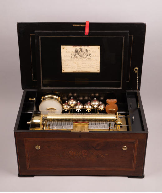 独角鹿西洋古董瑞士花卉主题细木镶嵌外箱配铃铛响鼓滚轴式音乐盒 商品图4