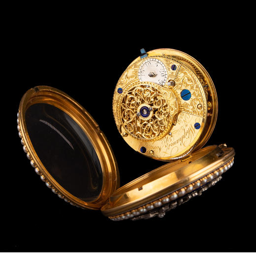 独角鹿西洋古董英国18K黄金镶天然珍珠钻石深蓝珐琅腰链式怀表 商品图4