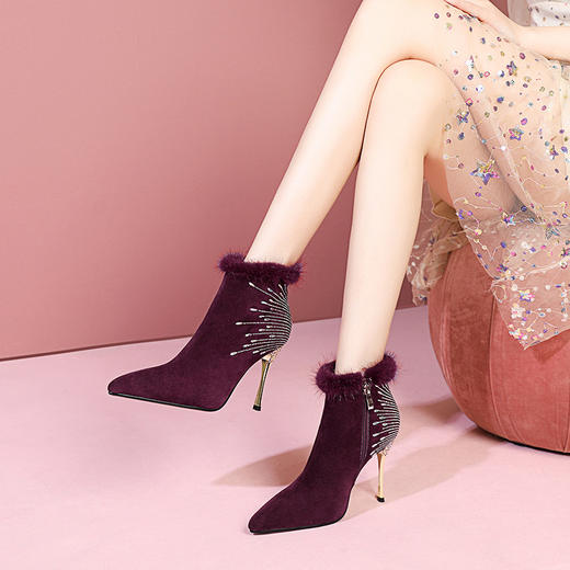 欧美性感尖头细跟高跟鞋短靴子，毛毛翻皮磨砂水钻秋季新款加绒JX-C18-5 商品图0