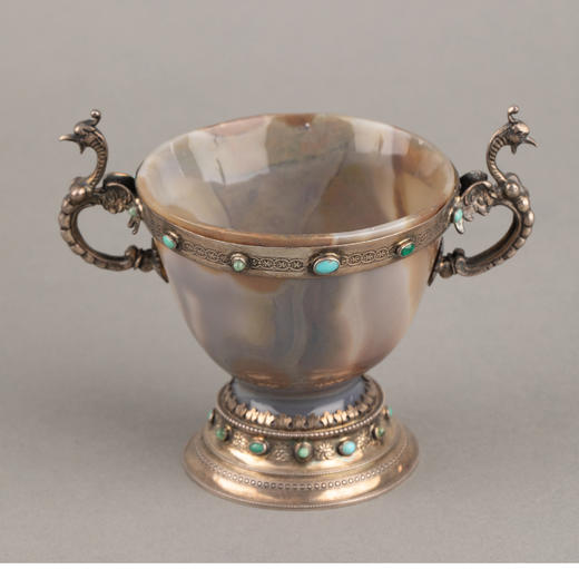 独角鹿西洋古董德国工坊神兽造型纯银嵌绿松石祖母绿双耳玛瑙杯 商品图2