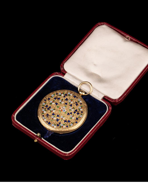 独角鹿西洋古董瑞士出品18k黄金雕嵌彩色珐琅花卉纹饰古董怀表 商品图1