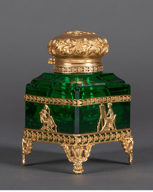 独角鹿西洋古董法国新古典主义风格缪斯女神铜鎏金绿色水晶墨水瓶 商品图1