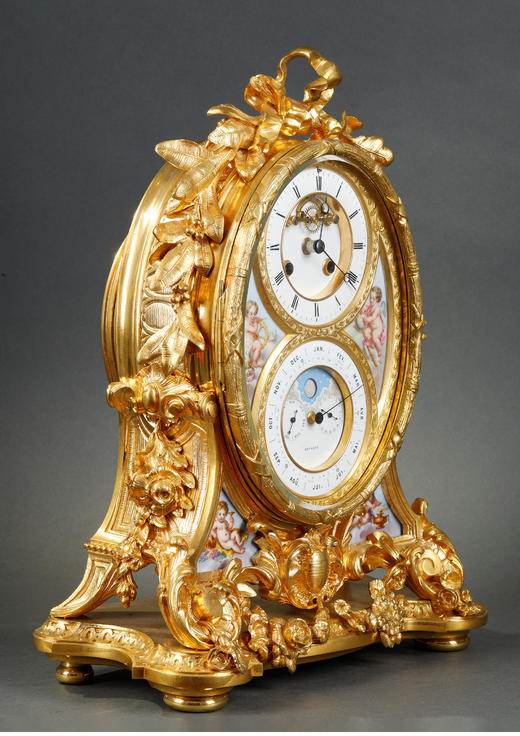 独角鹿西洋古董法国路易十五风古典天使瓷面彩绘花叶纹铜鎏金座钟 商品图3