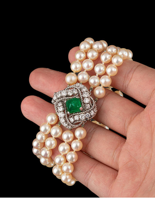 独角鹿西洋古董法国18K白金镶钻石哥伦比亚祖母绿四股珍珠手链 商品图2