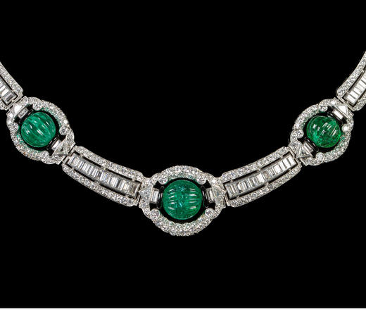 独角鹿西洋古董装饰艺术风格铂金镶祖母绿钻石珐琅几何造型项链 商品图4