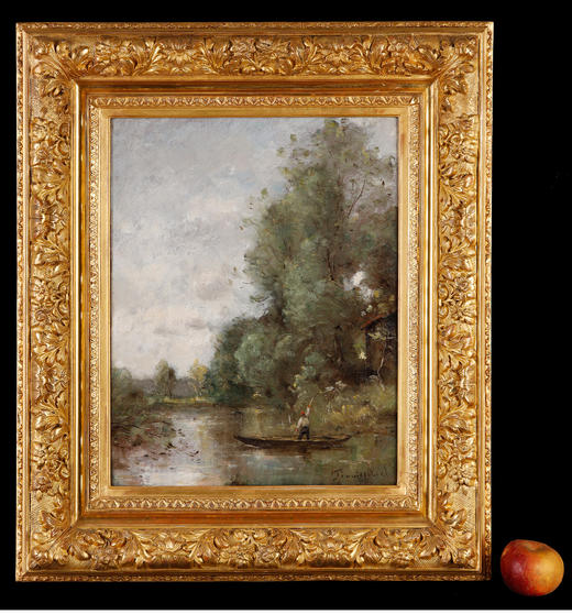 独角鹿西洋古董法国巴比松派画家风景布面油画《河上泛舟的渔民》 商品图1