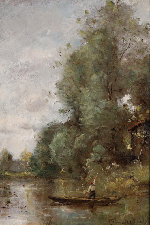 独角鹿西洋古董法国巴比松派画家风景布面油画《河上泛舟的渔民》 商品图2