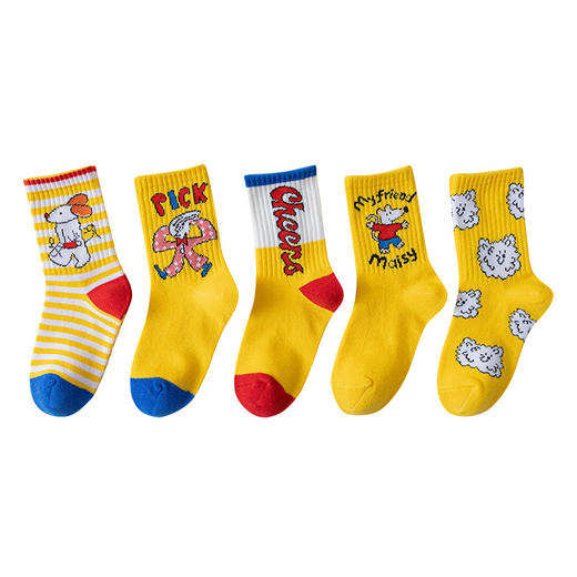 【5双装】秋冬儿童中筒袜 新年大红袜 男童吸汗精梳棉时尚卡通恐龙袜 学生亮色袜子 商品图10