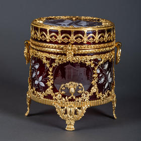 独角鹿西洋古董新艺术风格铜鎏金田园少女手绘红色水晶珍宝首饰盒