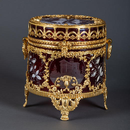 独角鹿西洋古董新艺术风格铜鎏金田园少女手绘红色水晶珍宝首饰盒 商品图0