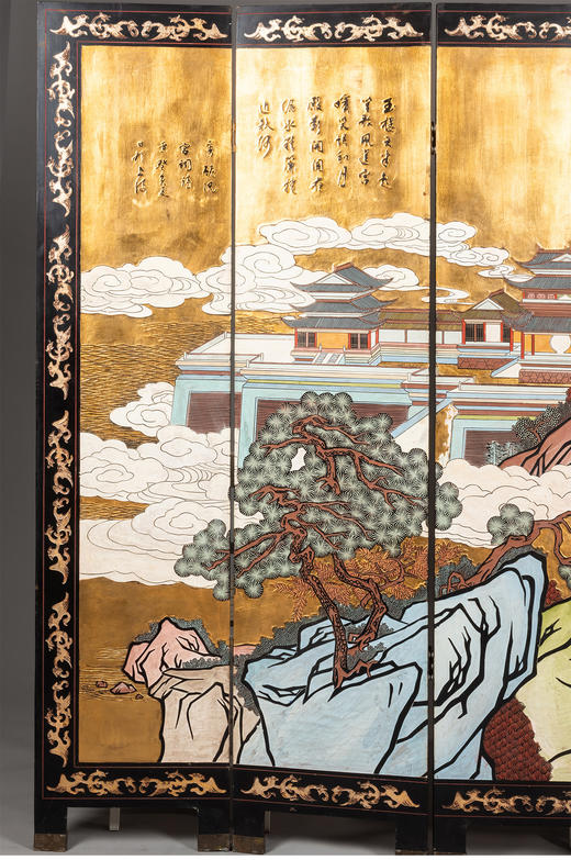 独角鹿西洋古董中国创汇时期宫阙楼宇主题金地款彩雕漆四曲屏风 商品图2