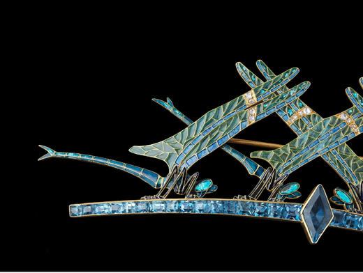 独角鹿西洋古董法国莱俪18K黄金镶空窗珐琅钻石海蓝宝石蜻蜓胸针 商品图4