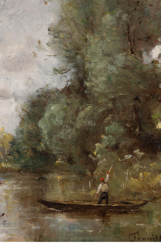 独角鹿西洋古董法国巴比松派画家风景布面油画《河上泛舟的渔民》 商品图3