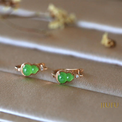 18K玫瑰金和田玉（碧玉）葫芦镶钻耳扣/单面葫芦5*7mm/苹果绿 商品图2