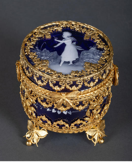 独角鹿西洋古董新艺术风格蝴蝶花卉铜鎏金手绘蓝色水晶珍宝首饰盒 商品图2