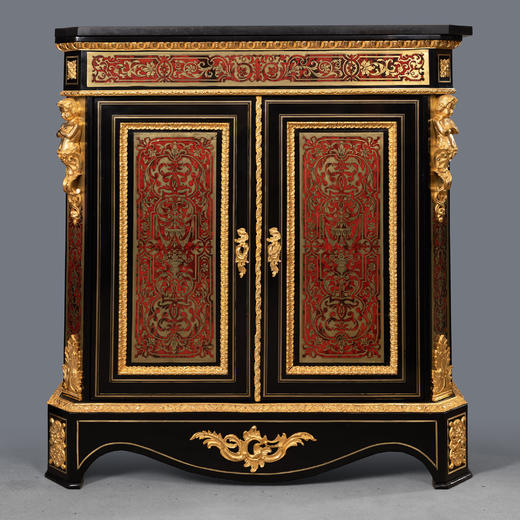 独角鹿西洋古董家具法国黑色大理石桌面铜鎏金布勒镶嵌双开门边柜 商品图0