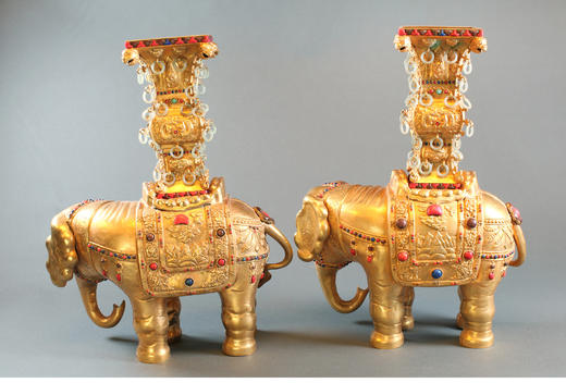 独角鹿西洋古董中国铜鎏金嵌青金石玉石朱砂绿松石吉象摆件一对 商品图2