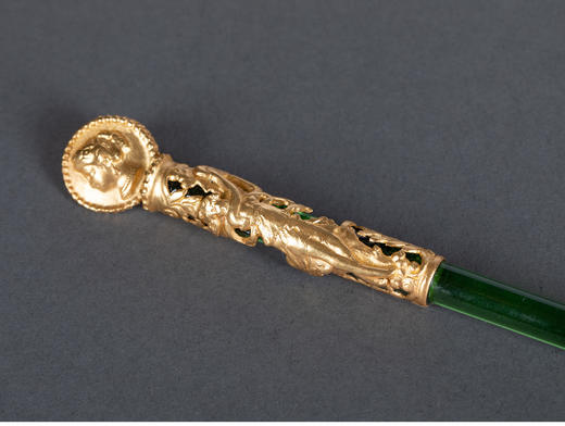 独角鹿西洋古董法国古典女子肖像铜鎏金精雕绿色水晶笔杆蘸水钢笔 商品图3