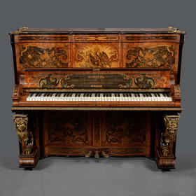 独角鹿西洋古董法国MONTAL PARIS签名铜鎏金细木镶嵌立式钢琴