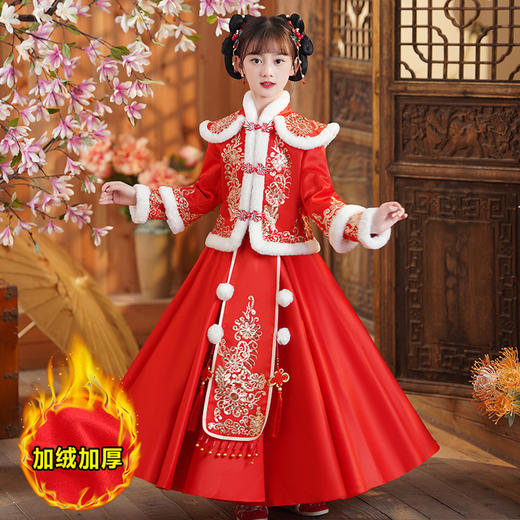 DY-8818儿童汉服女童拜年服冬季新款童装小女孩中国风唐装红色裙套装 商品图6