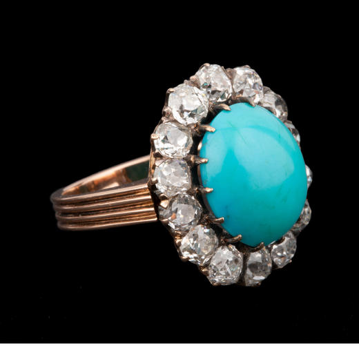 独角鹿西洋古董首饰法国18K黄金镶嵌钻石及绿松石玛格丽特款戒指 商品图1