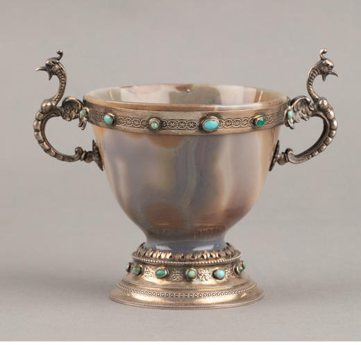 独角鹿西洋古董德国工坊神兽造型纯银嵌绿松石祖母绿双耳玛瑙杯 商品图3