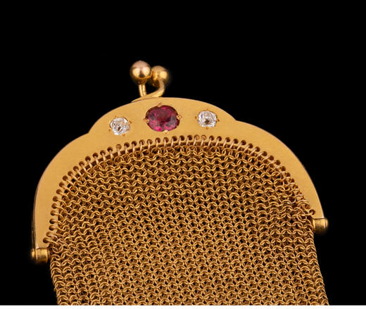 独角鹿西洋古董法国18K黄金镶嵌钻石及红宝石编织零钱包 商品图2