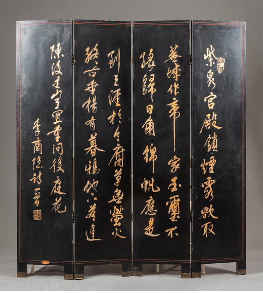 独角鹿西洋古董中国创汇时期宫阙楼宇主题金地款彩雕漆四曲屏风 商品图4