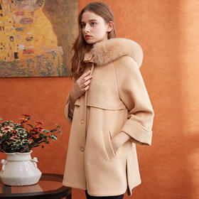 欧芮儿2019冬 女 长袖大毛领连帽驼色毛呢外套女中长款
