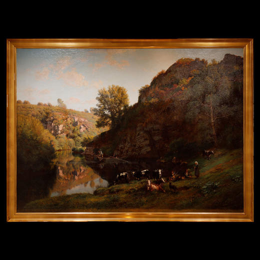 独角鹿西洋古董法国风景大型布面油画《生机勃勃的河畔风光》 商品图0