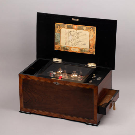 独角鹿西洋古董瑞士舞蹈人偶配彩色珐琅铃铛投币式木质滚轴音乐盒 商品图0