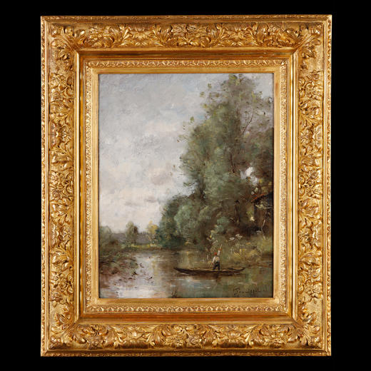独角鹿西洋古董法国巴比松派画家风景布面油画《河上泛舟的渔民》 商品图0