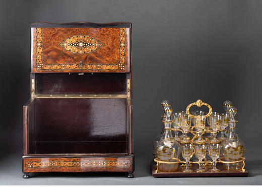 独角鹿西洋古董拿破仑三世母贝细木镶嵌烈酒箱描金水晶酒具套件 商品图2