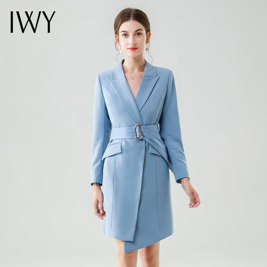 IWY/秋季OL通勤女装长袖连衣裙时尚气质湖蓝色职业风西装裙中长款工装Q12308+腰带YD-308 商品图0