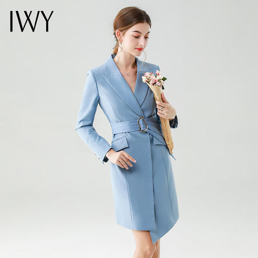 IWY/秋季OL通勤女装长袖连衣裙时尚气质湖蓝色职业风西装裙中长款工装Q12308+腰带YD-308 商品图1