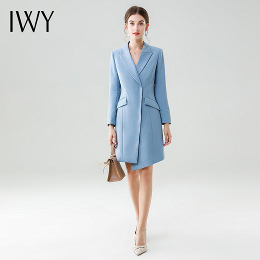 IWY/秋季OL通勤女装长袖连衣裙时尚气质湖蓝色职业风西装裙中长款工装Q12308+腰带YD-308 商品图4