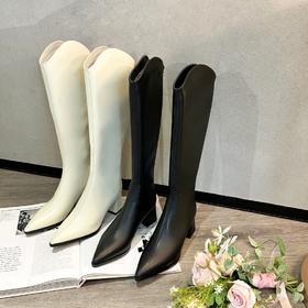 余潇潇 【小鸟腿瘦瘦靴】V口尖头长筒靴英伦风加绒骑士靴