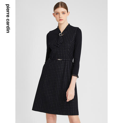 皮尔卡丹女装连衣裙蕾丝花边袖口黑色长袖淑女羊毛裙P2332E2947B3 商品图3