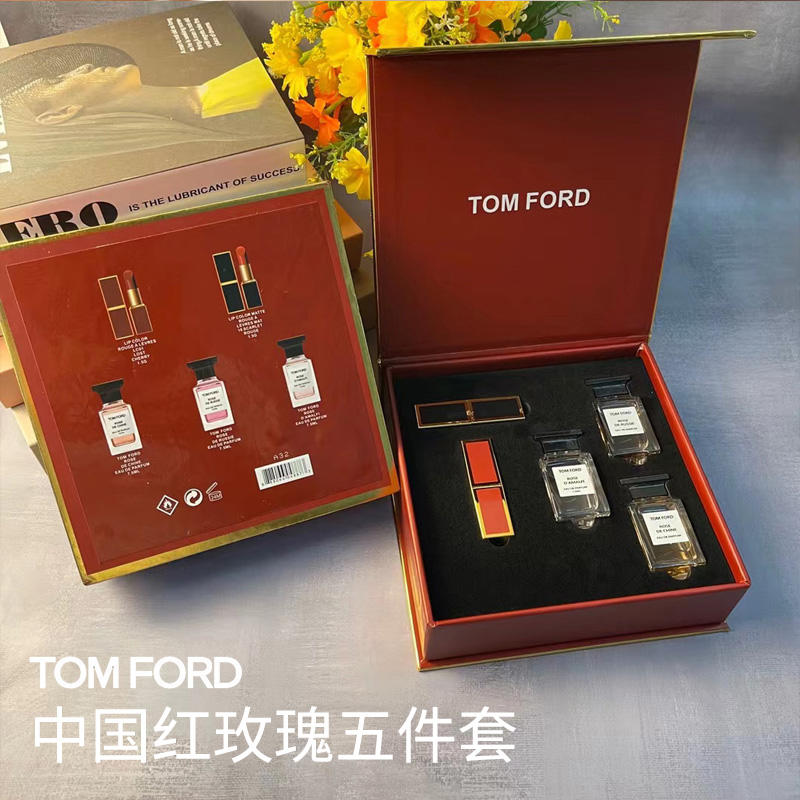 TOM FORD汤姆福特限定中国红玫瑰五件套，红管黑管唇膏口红小样香水小样送礼礼盒装