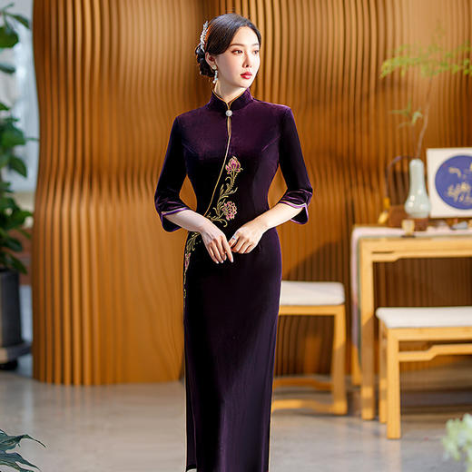 复古旗袍丝绒修身立领长款改良礼服ST-C2170 商品图0