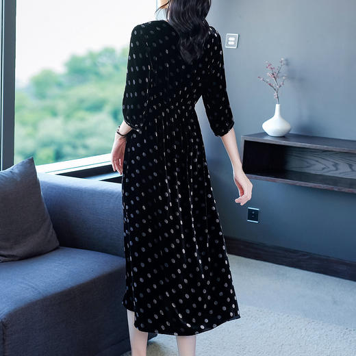 秋季真丝丝绒波点连衣裙女欧美气质订珠裙子中长裙WWM-81802 商品图2