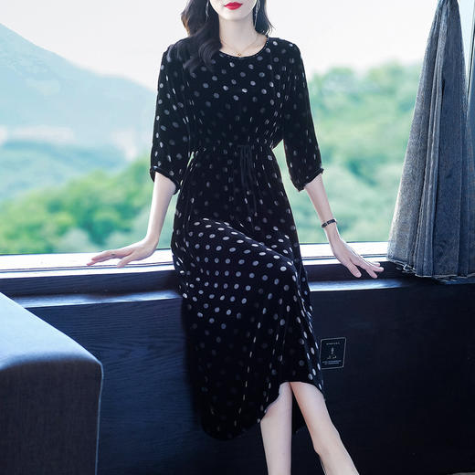 秋季真丝丝绒波点连衣裙女欧美气质订珠裙子中长裙WWM-81802 商品图1