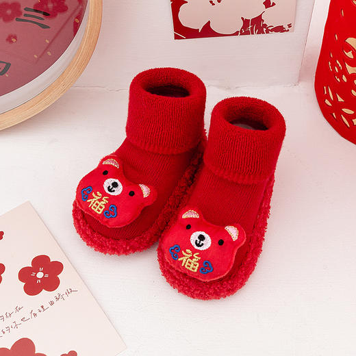 【新年大红防滑毛圈鞋袜】冬季保暖毛圈婴儿地板鞋袜防滑宝宝学步家居鞋婴儿大红新年鞋袜 商品图8