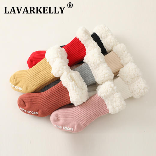 【超厚羊羔绒儿童地板袜】坑条纯色加绒婴儿袜子防滑宝宝地板袜 商品图0