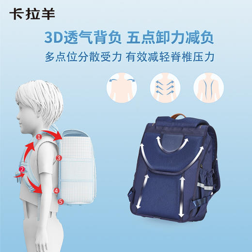 卡拉羊初高中学生防下坠减负护脊立体方包大容量防水书包 谦谦少年CX5127 商品图3