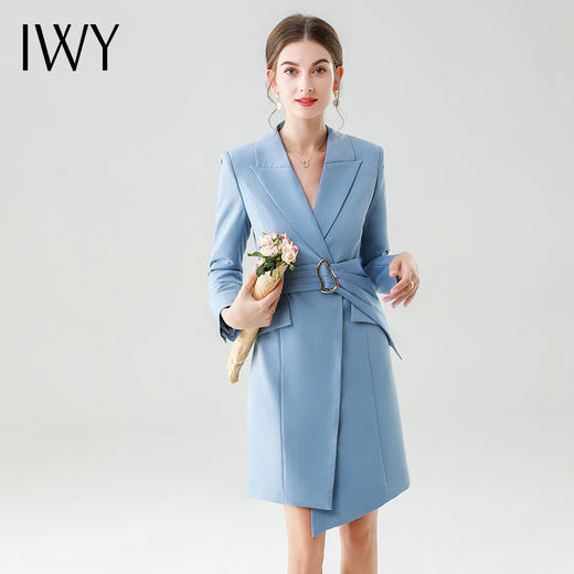 IWY/秋季OL通勤女装长袖连衣裙时尚气质湖蓝色职业风西装裙中长款工装Q12308+腰带YD-308 商品图2