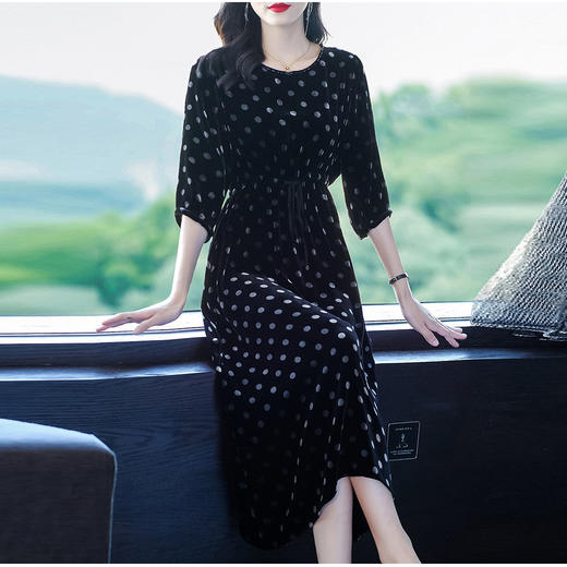 秋季真丝丝绒波点连衣裙女欧美气质订珠裙子中长裙WWM-81802 商品图4