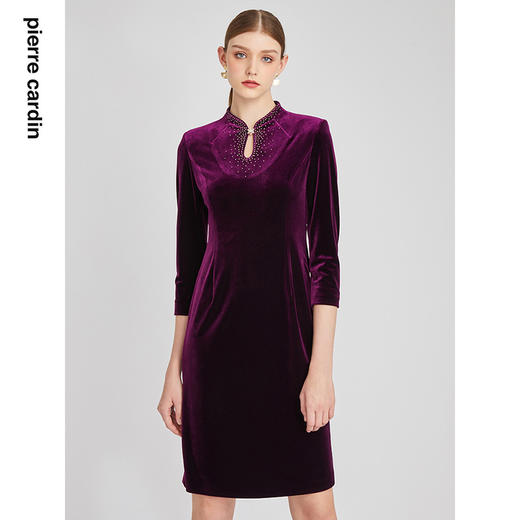 皮尔卡丹女装春秋新款高贵端庄丝绒长袖连衣裙P2320E2878Z0
 商品图0